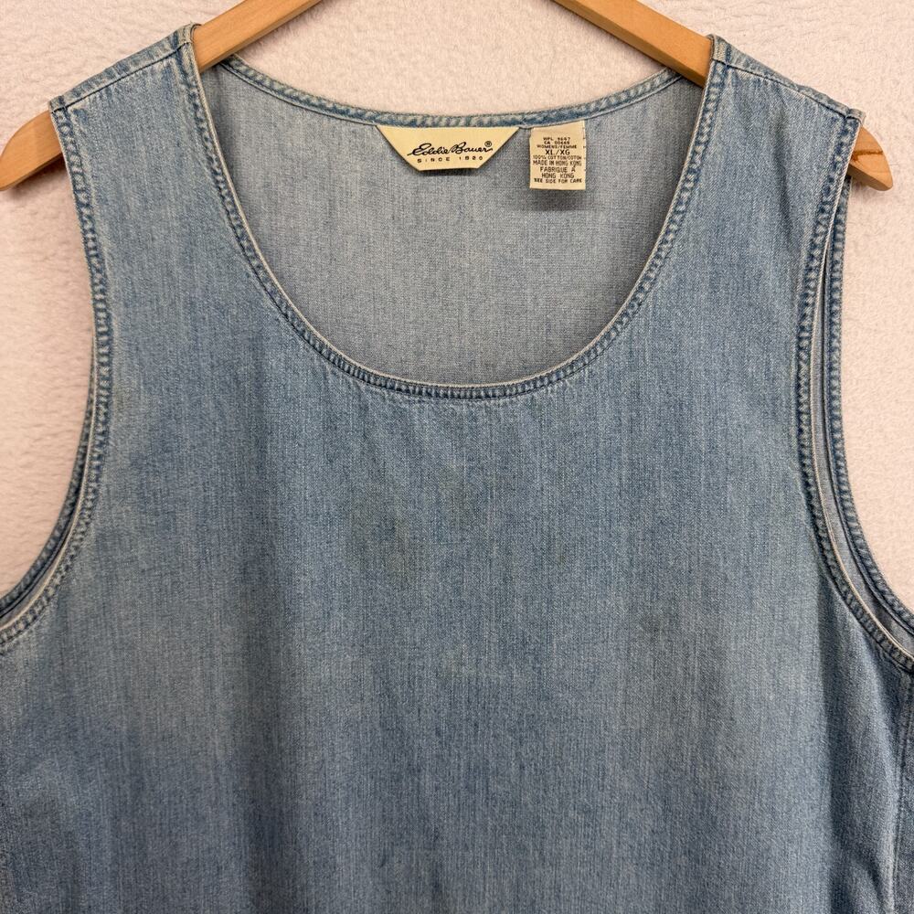 EDDIE BAUER Dress XL Denim Jumper Pinafore Shift Sleeveless Cotton Blue HK VTG - Picture 3 of 14
